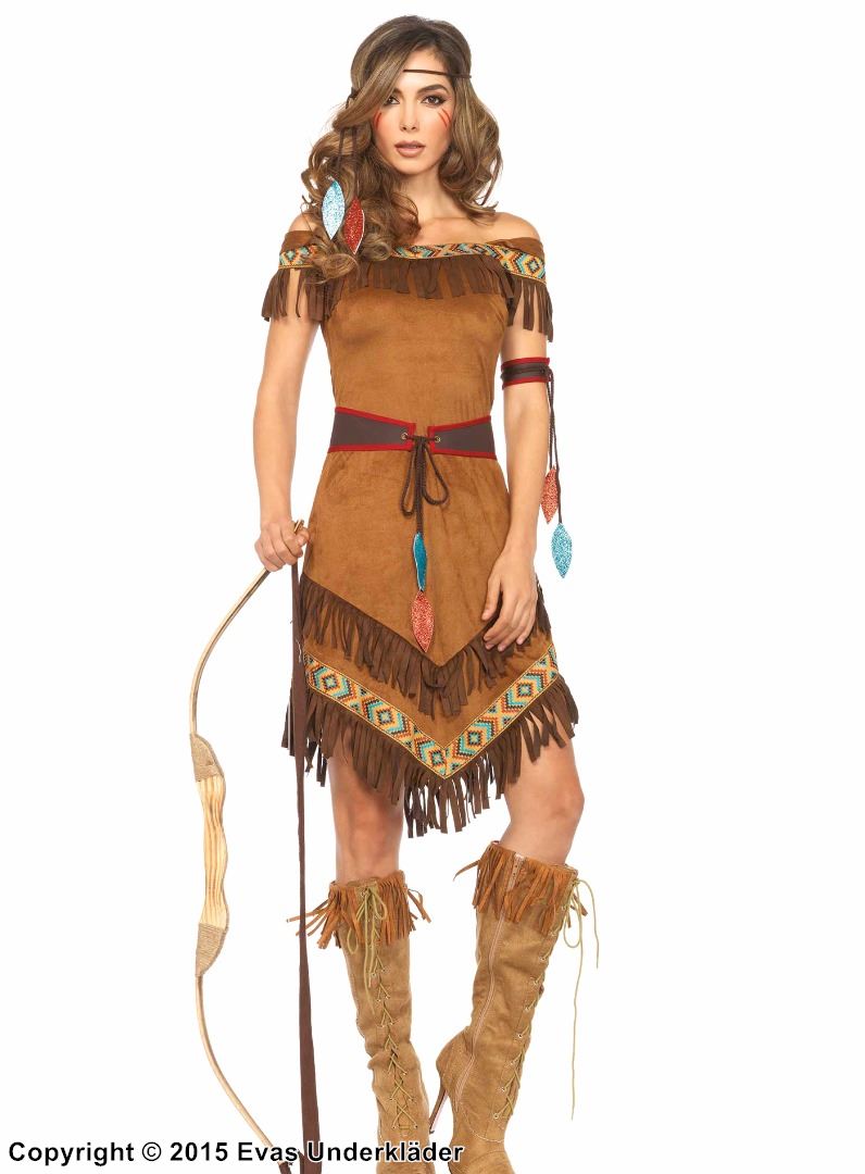 Native American Princess Costume Dress Fringes Off Shoulder Matching Accessories